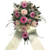 Blumengesteck oval zur Beisetzung in Rosa Pink mit Schleifen