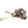 Blumengesteck oval zur Beisetzung in Rosa Pink mit Schleifen