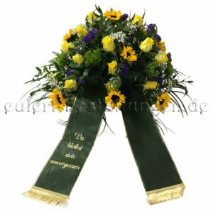 Sonnenblumen und Rosen im Trauergesteck inkl. Schleife