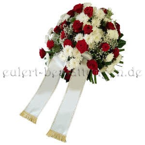 Trauergebinde in Weiß-Rot aus Rosen und Chrysanthemen mit Schleifen