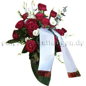 Elegantes Trauergesteck aus roten Rosen und weißen Eustoma mit Schleife