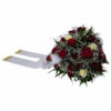 Hohes Trauergesteck aus Rosen in Rot und Weiß mit Schleife