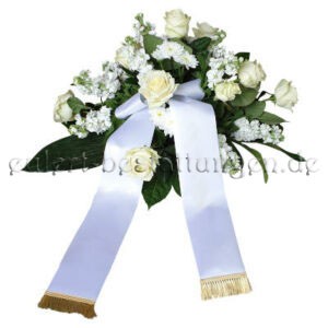Großes Trauergesteck aus Rosen und Levkojen in Weiß inkl. Schleife
