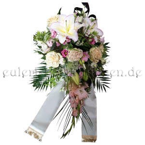 Sanftes Blumengesteck zur Beerdigung mit Lilien, Rosen, Gladiolen
